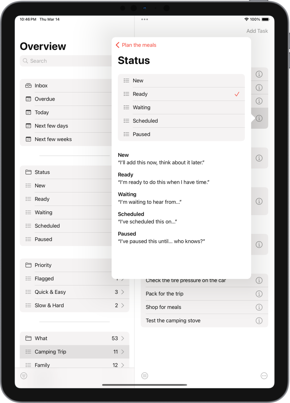 Task View — Plan the meals — Status Folder Lists