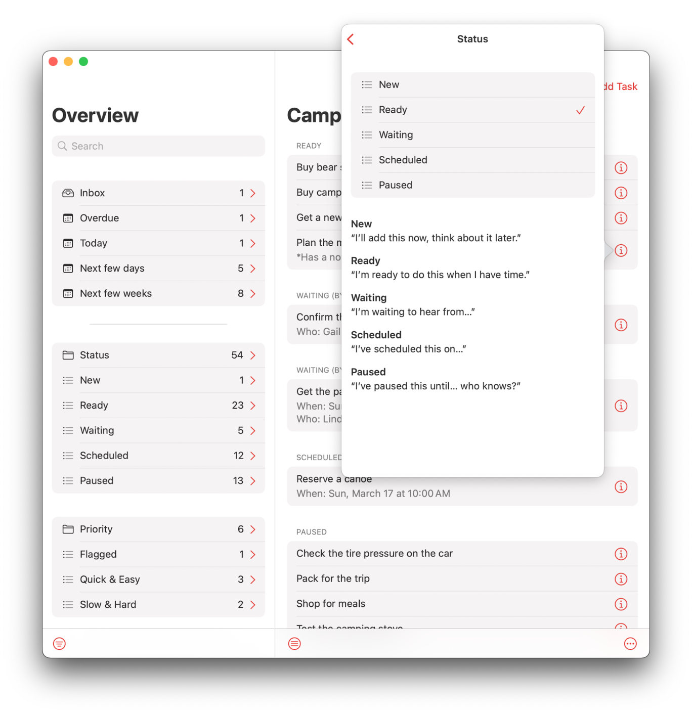 Task View — Plan the meals — Status Folder Lists